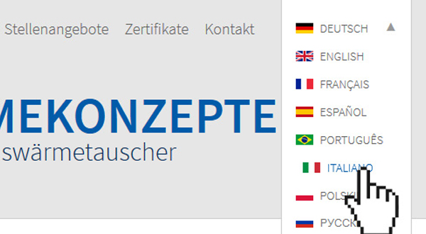 Typische Navigation mit Flagge und Text zum Wechseln der Sprache einer Website